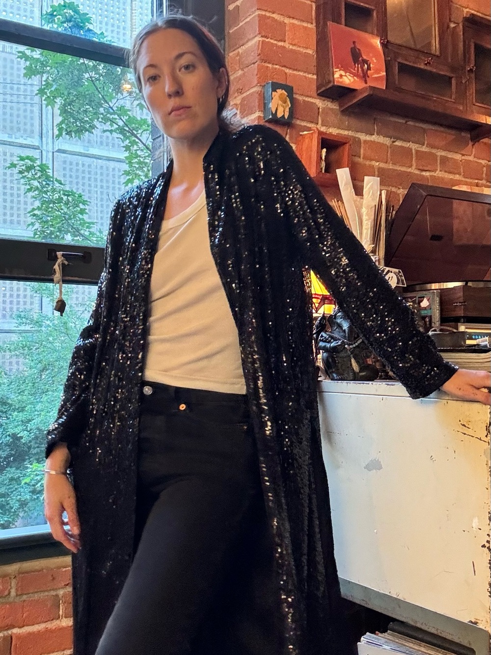 Anthropologie black sequinned duster